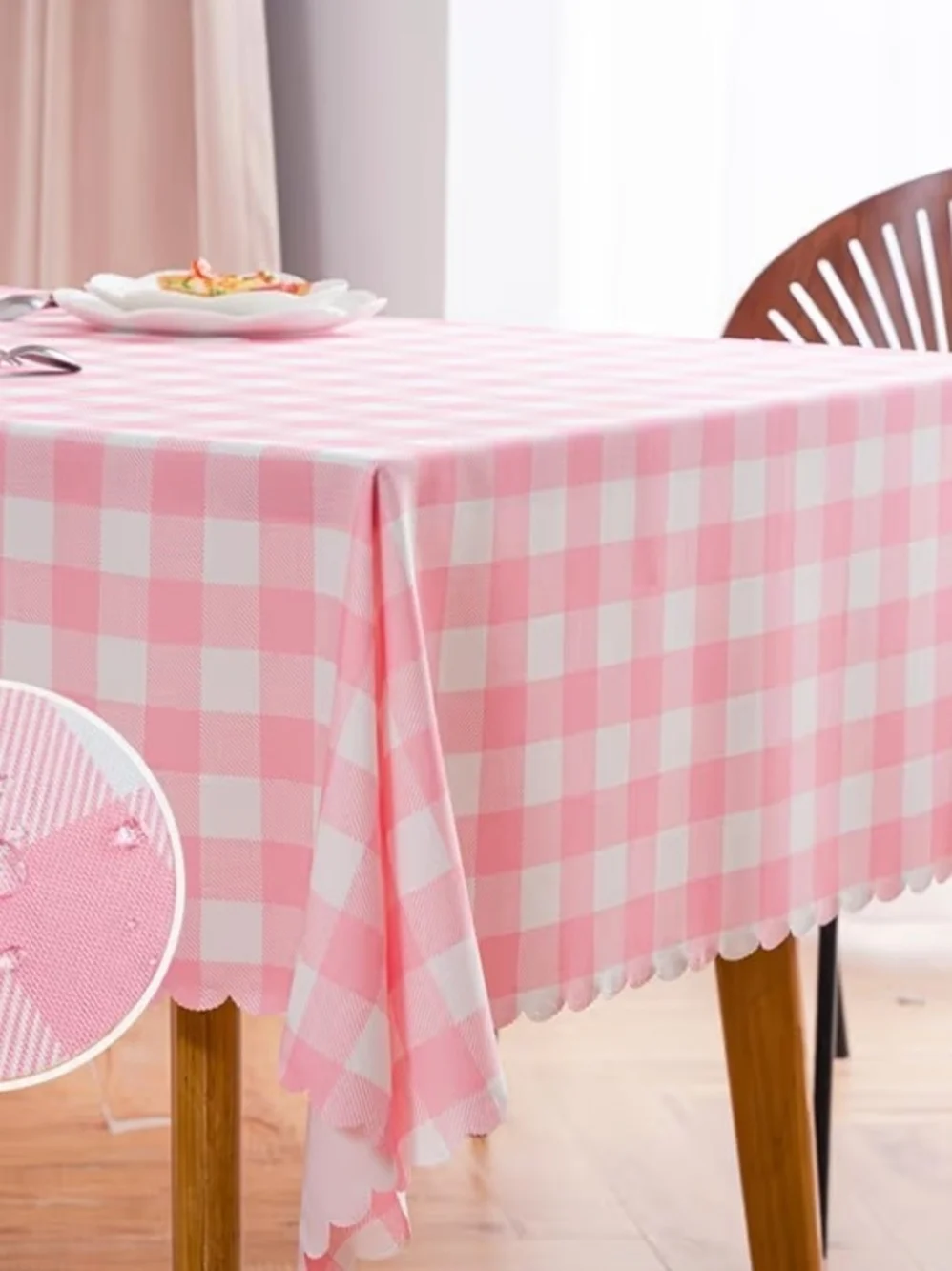 Pink Gingham Waterproof Tablecloth Size 84 X 60